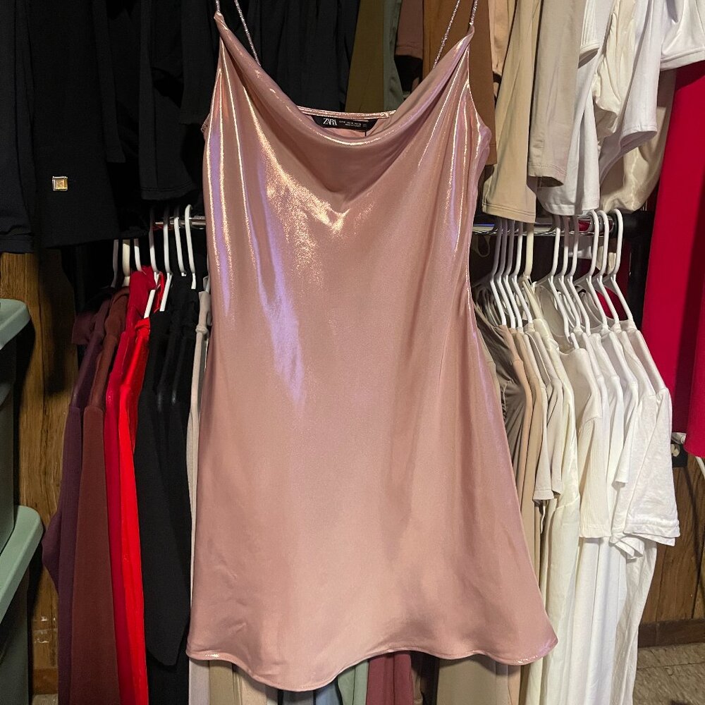 ZARA Rhinestone Strap Foil Mini Dress – Shimmer Metallic Finish